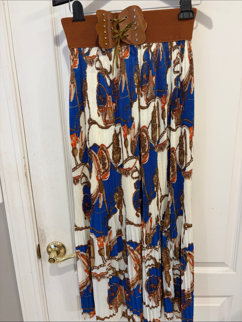 Pleated Chain-Print Maxi Skirt with Brown Lace-Up Waist